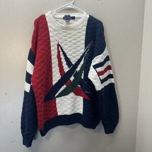 Nautica Handknit Naval Sweater Sailing Sailboats Preppy Rare 90s Vintage Chunky